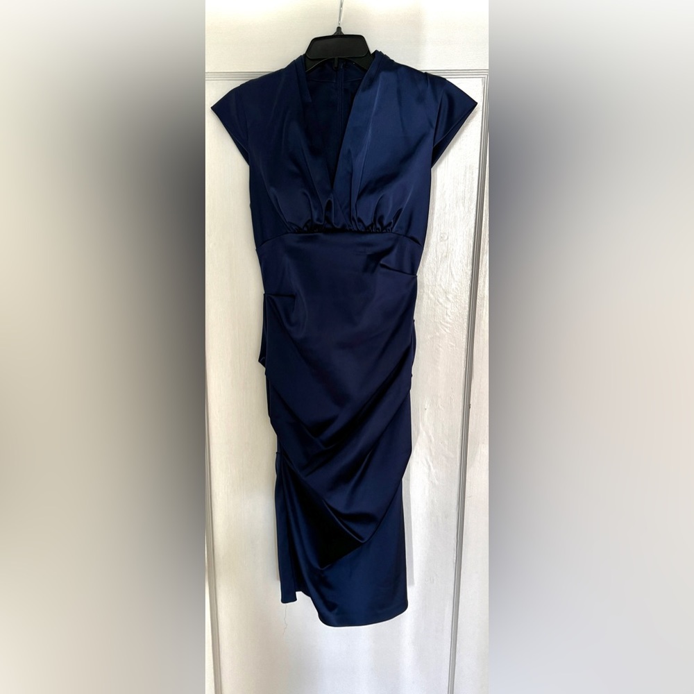 Xscape by Joanna Chen. Midnight blue. Size 4. Silky satin bodycon dress.